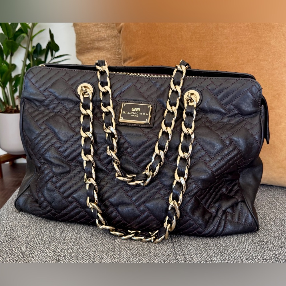 Balenciaga Dark Brown Chevron Quilted Leather Shoulder Bag (COA)